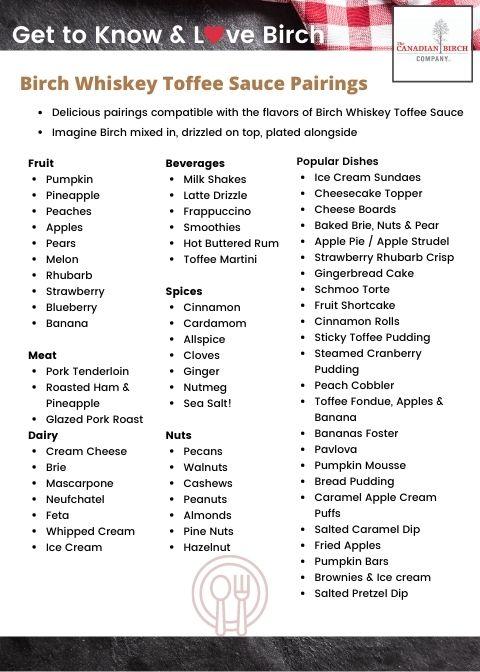 Birch Whiskey Toffee Sauce Pairing card with delicious suggestions on what foods to use with your Birch Whiskey Toffee Sauce, including suggestions for fruit, Nuts, Meats, Cheeses & Dairy,  Spices and popular dishes.