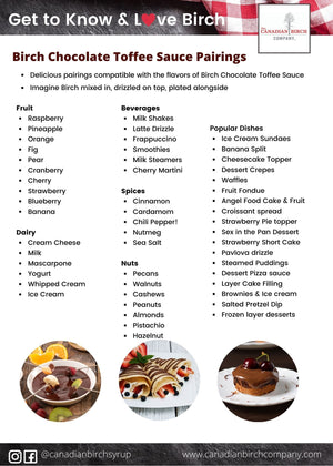 
                  
                    Load image into Gallery viewer, Full page of food pairings that go well with Birch Chocolate Toffee Sauce.
                  
                