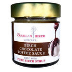 Image of a full sized 212 ml jar of Birch Chocolate Toffee Sauce made with the delicious taste of Amber Birch Syrup. A rich dessert topping.