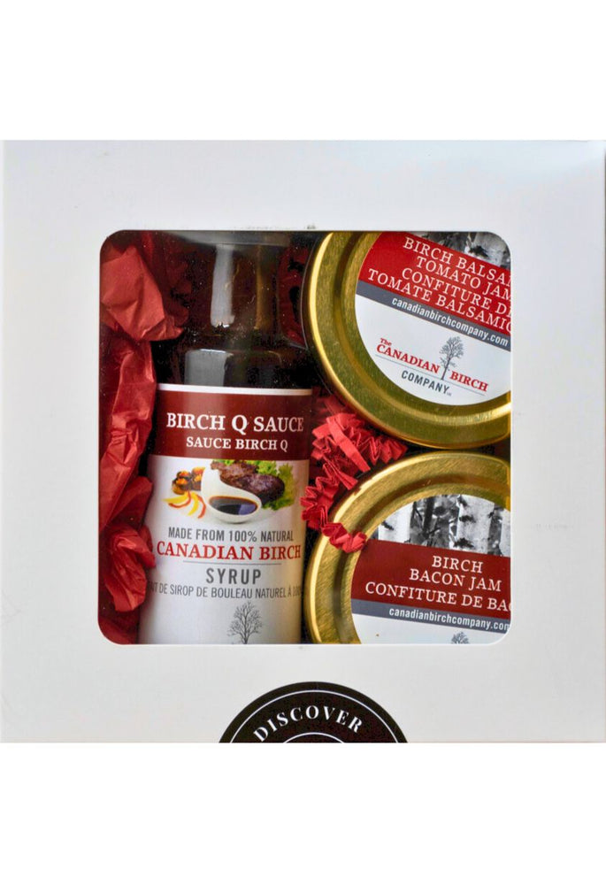 6" x 6" inch square white window box with lid contains Birch Q Sauce, Birch Bacon Jam and Birch Balsamic Tomato Jam perfect accompaniments to your charcuterie board.