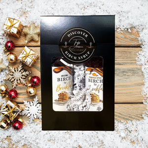 
                  
                    Load image into Gallery viewer, Adorable black flip top gift box with two 100 ml bottles of Birch for Breakfast (one original and one pumpkin spice flavor) inside and nestled amongst white crinkle paper.
                  
                