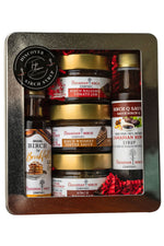 Premium tin gift box with window lid,  containing 5 taster sized birch products including Birch Whiskey Toffee Sauce, Birch for Breakfast syrup, Birch Q Sauce, Birch Balsamic Tomato Jam and Birch Bacon Jam.